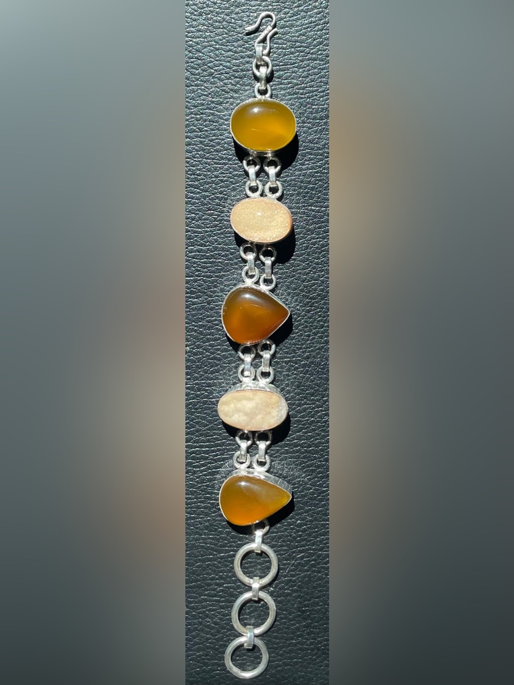 Artisan 925 Sterling Silver Mixed Druzy Quartz & Carnelian Link Bracelet